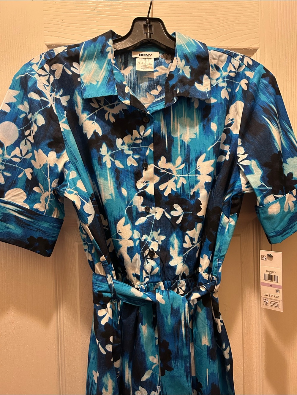 DKNY Blue and White Floral Midi Shirt Dress with Tie Waist - Picture 3 of 7